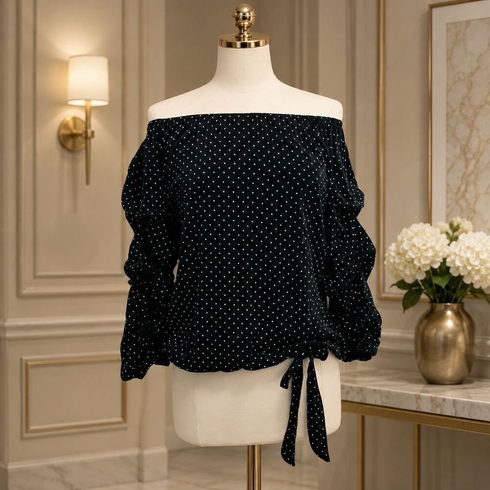 CeCe Off The Shoulder Blouse Top Women's Medium Black & White Polka Dot Boho